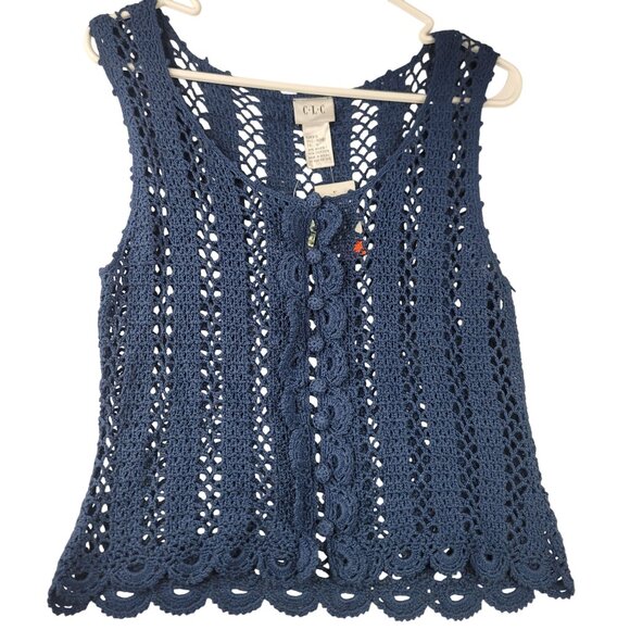 Vintage 90s Crocheted Button Front Tank Top Vest Size M Blue Deadstock NEW Boho - Picture 1 of 10